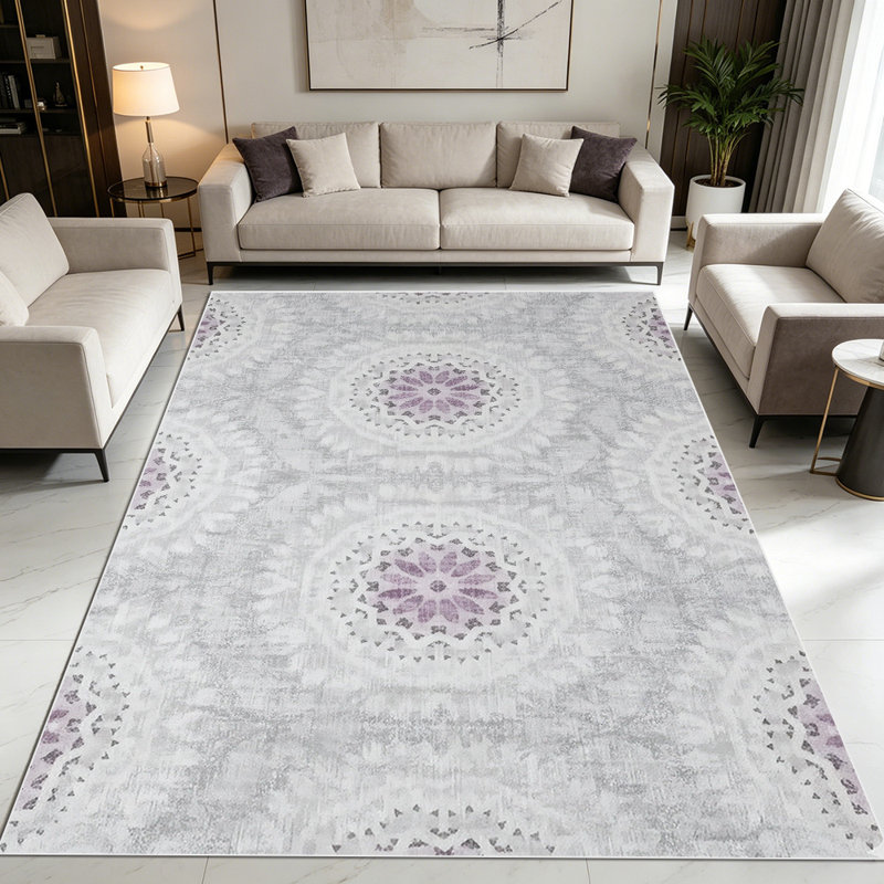 1PC Vintage Medallion Lilac Gray Floral Lace Print area rugs for Living Room, Soft, All seasons, Easy-maintain, Washable Indoor mat, Farmhouse suitable for for dining room, bedroom, kitchen entryway...