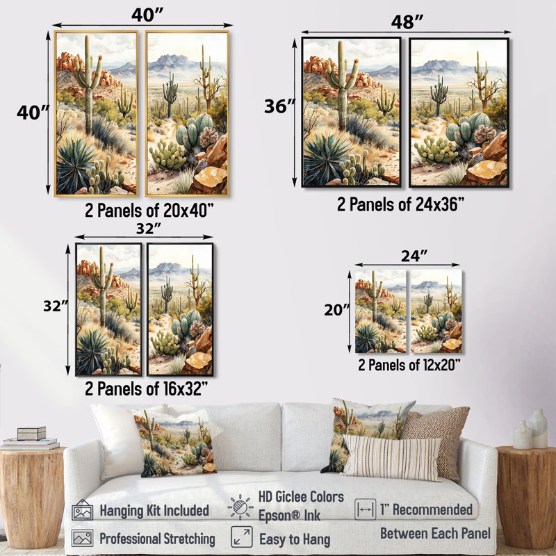 Arizona Desert Cactus I - Art mural moderne vert 2 pièces, 20" H x 24" W, Brown, Framed Print without Mat