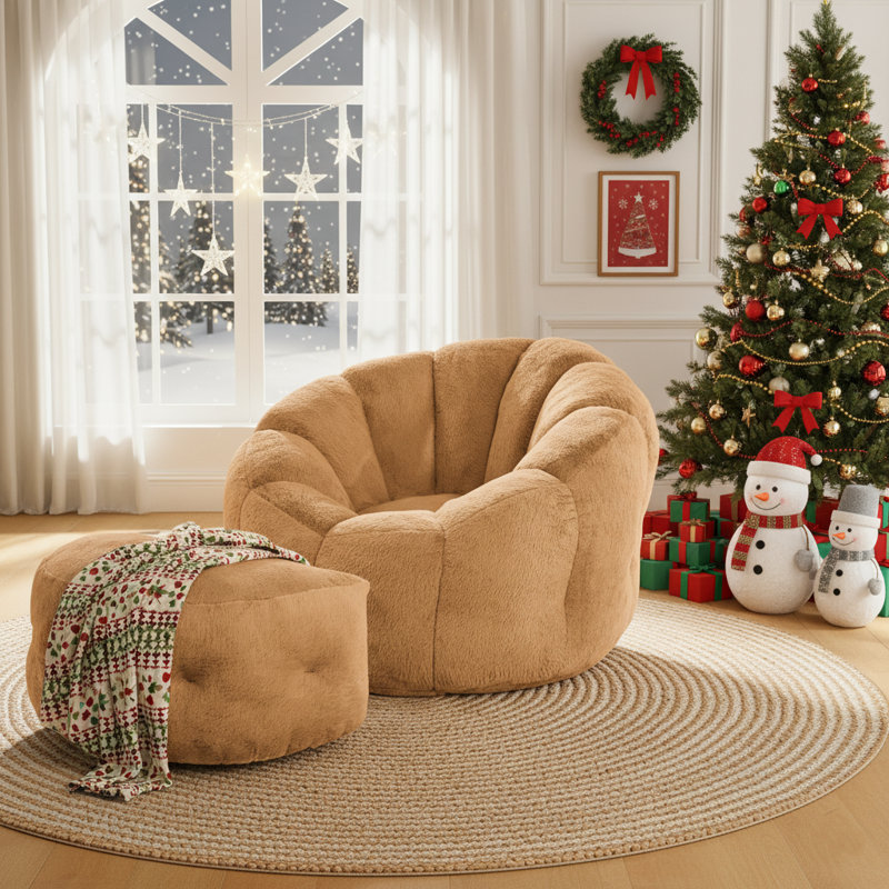 Wilder 46" Faux Rabbit Fur Bean Bag Chair & Ottoman - Luxurious Cozy Seating, Brown Faux Fur