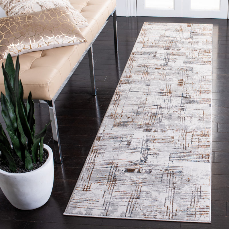 Tapis abstrait gris / ivoire, Tapis de couloir 2 pi 2 po x 9 pi