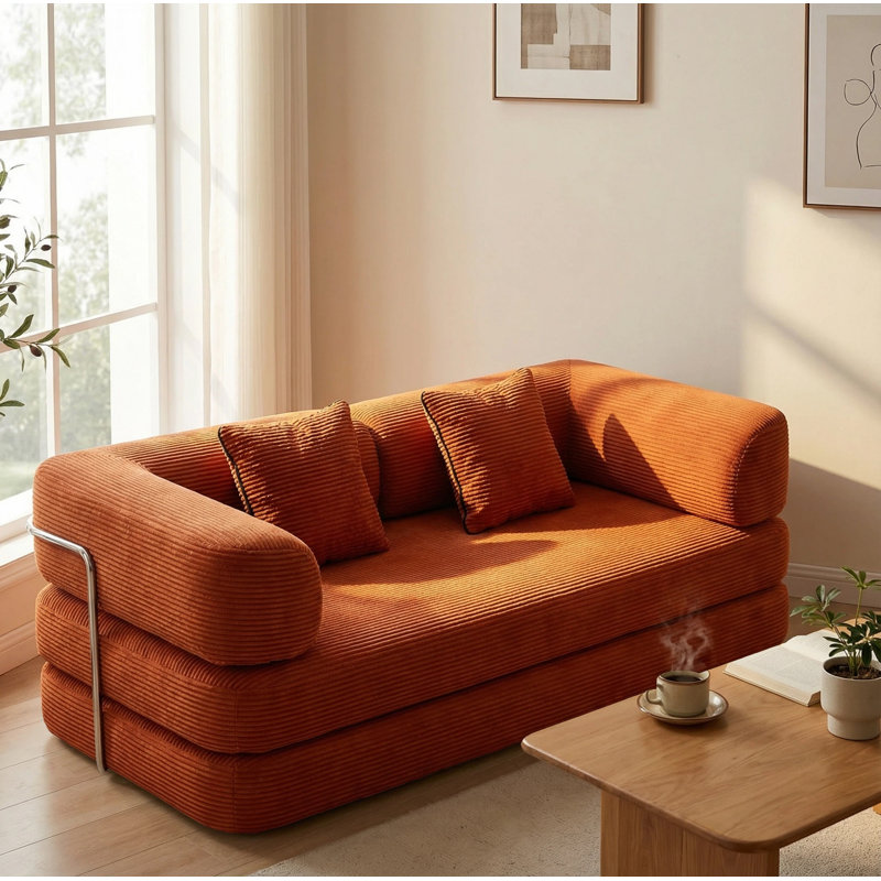 Canapé-lit en velours côtelé pliable à compression pour trois personnes avec éponge à haute densité de rebond, avec 2 coussins, sans assemblage 
