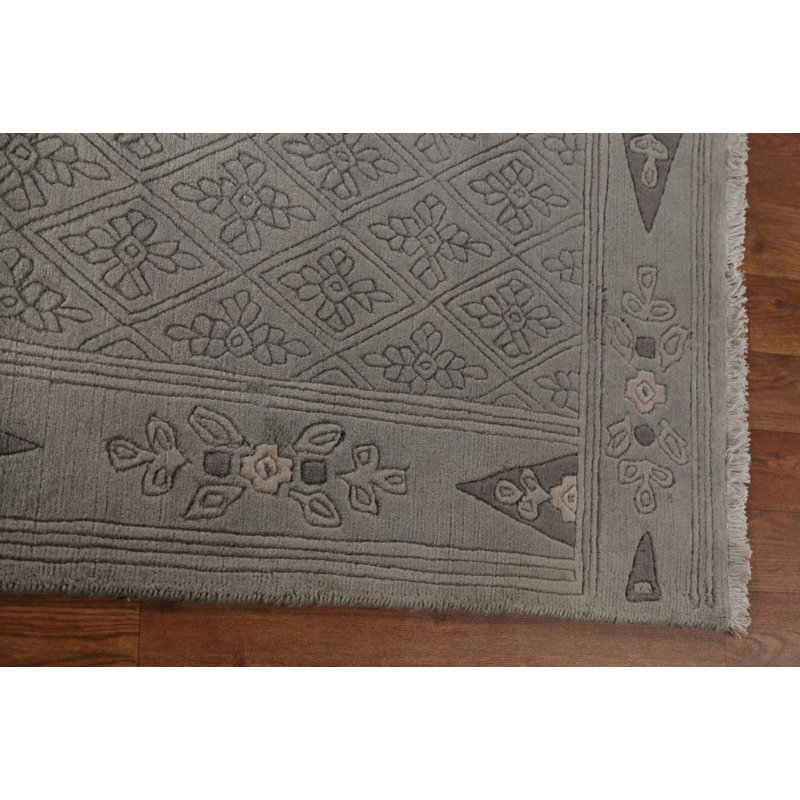 Tapis gris / beige en laine noué à la main de conception unique 4 pi 10 po x 6 pi 8 po