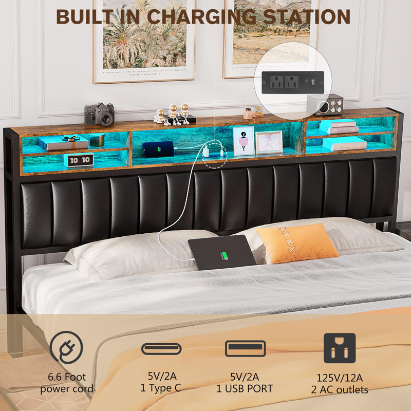 King Size Black Upholstered Bed with LED Lights, Storage Drawers, and Bookcase Headboard