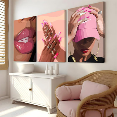 «Black Girl», ensemble d'art mural sur toile rose, femme noire afro-américaine, art mural