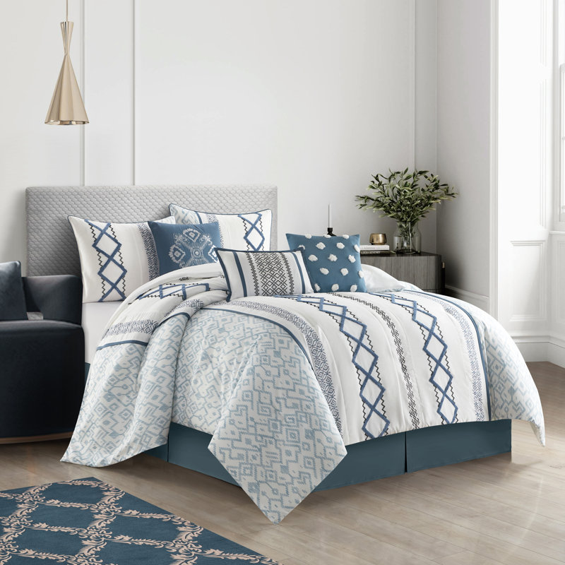 California King Blue and White Geometric Microfiber Comforter Set