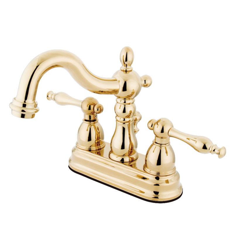 Kingston Brass Heritage Two-Handle 3-Hole Deck Mount 4" Centerset Bathroom Faucet with Plastic Pop-Up, Polished Brass