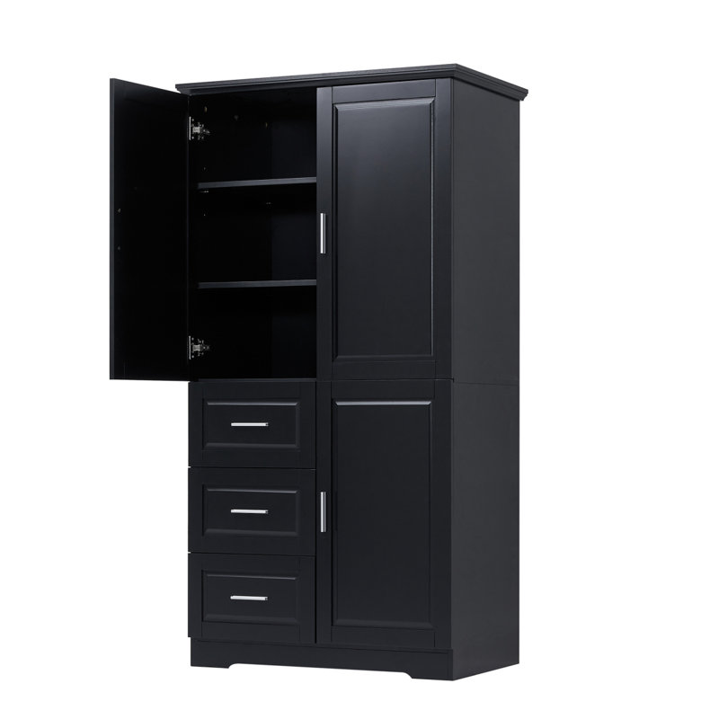 Armoire de rangement haute et large avec portes pour salle de bain / bureau, trois tiroirs, Noir