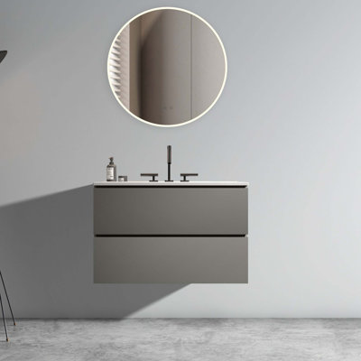 30" Wall Mount Space grey Bathroom Vanity with Ceramic Sink with Three Faucet Holes, Large Storage Floating Bathroom Vanity for Modern Bathroom, Pre-assembled