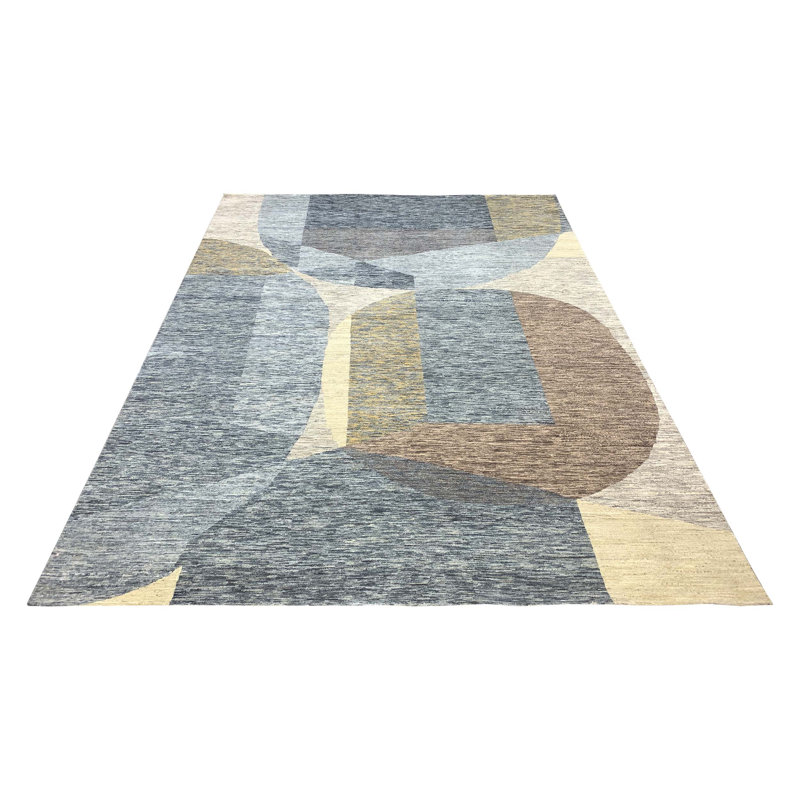 Wool Abstract Area Rug in Blue/Brown/Yellow, Rectangle 5' x 8'