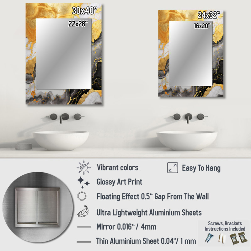Gold And Grey Abstract Marble Mirage II - Modern Rectangular Wall Mirror, 32 po x 24 po
