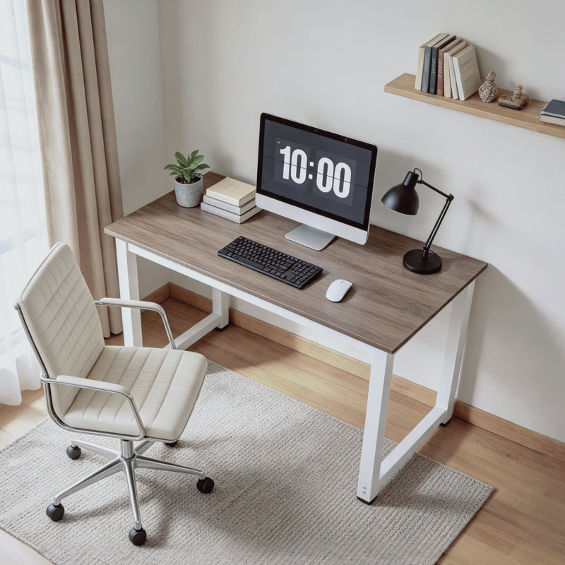 Modern 43" Computer Desk with Sturdy Metal Frame, Wood-Grain Writing Study Desk for Home Office, Washed Gray