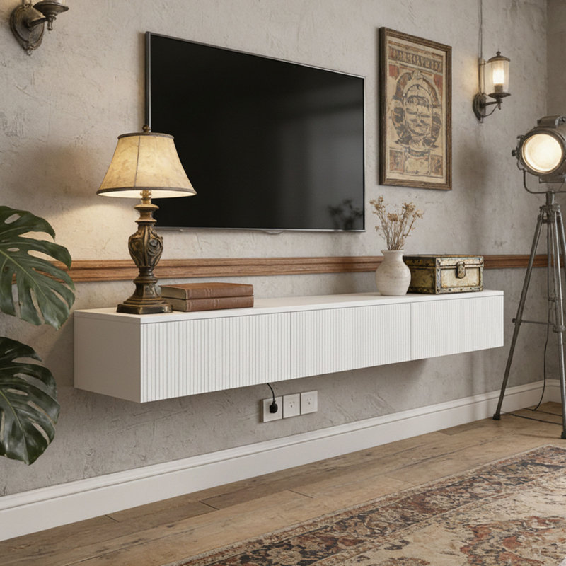 Meuble télé flottant mural avec éclairage à DEL, console multimédia moderne avec station de charge, centre de divertissement compact pour salon