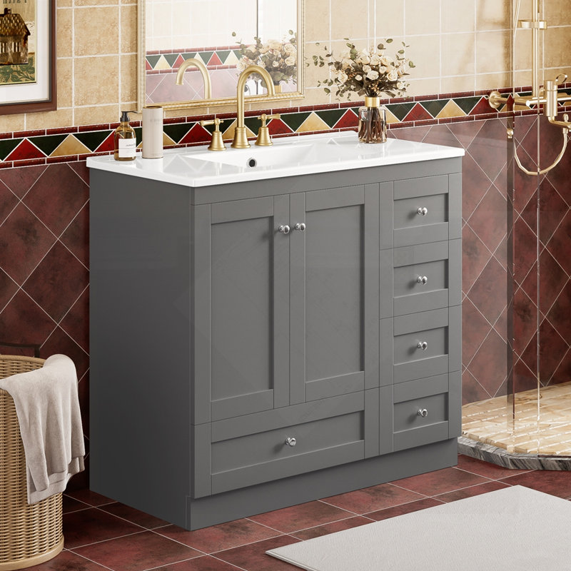 Meuble-lavabo autoportant de style Shaker avec lavabo en céramique, tiroirs à fermeture en douceur et portes pour une élégance moderne