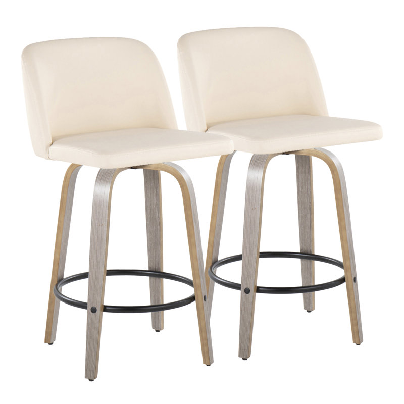 Toriano 26" Contemporary Fixed Height Counter Stool With Swivel In Light Grey Wood And Cream Faux Leather With Round Black Metal Footrest By Lumisource - Set Of 2