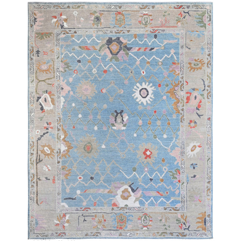 Tapis bleu et multicolore de haute qualité noué à la main