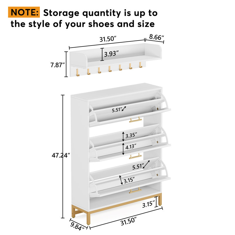 Armoire de rangement pour 28 paires de chaussures, Blanc / doré