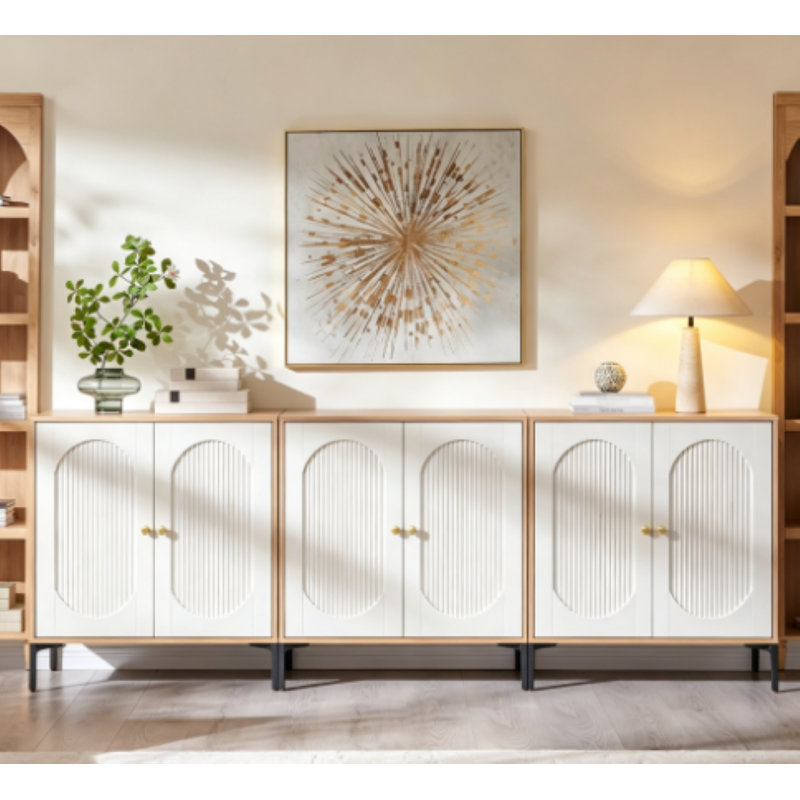 Buffet de rangement 94,47 "avec portes et tablettes, chêne naturel et blanc, 3 pièces, Chêne naturel, blanc
