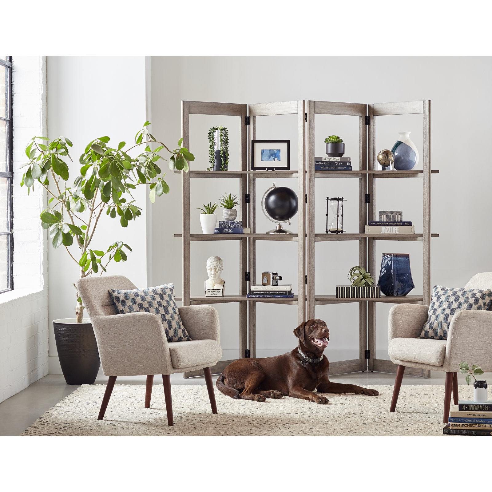 Wide Geometric Bookcase, Gray