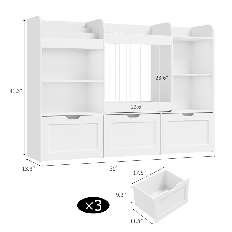  41.3''H Toys Storage Organizer with Kids Bookcases, Stuffed Animal Storage, 3 Movable Drawers, 4 Cube Storage Cabinet and 3-tier Bookshelf for Playrooms, Bedroom, White