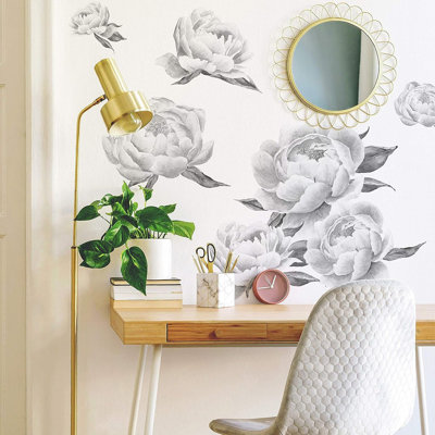 Adhésif décoratif pivoine géante - noir et blanc - motif botanique pelez et collez