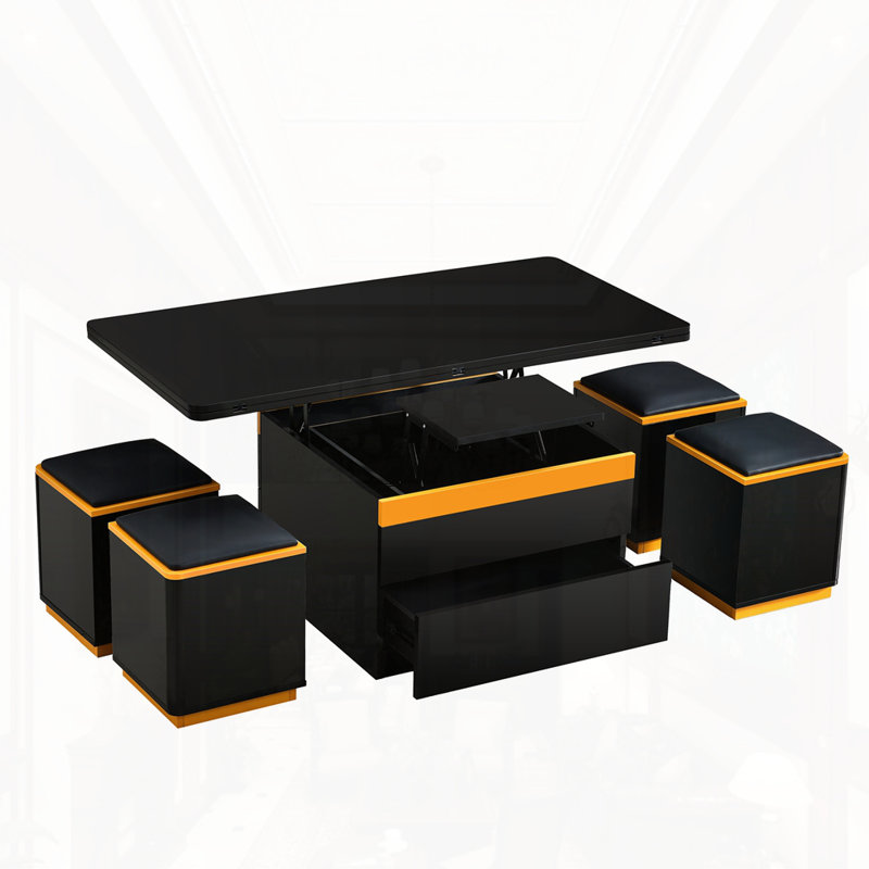 Table basse à plateau relevable avec tabourets de rangement, Noir