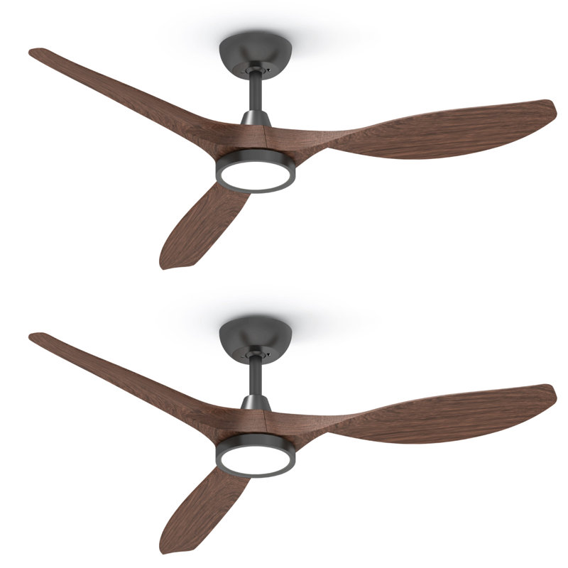 (Ensemble de 2) Ventilateur de plafond à hélice à DEL de 52 po avec télécommande, Grain de bois / noir