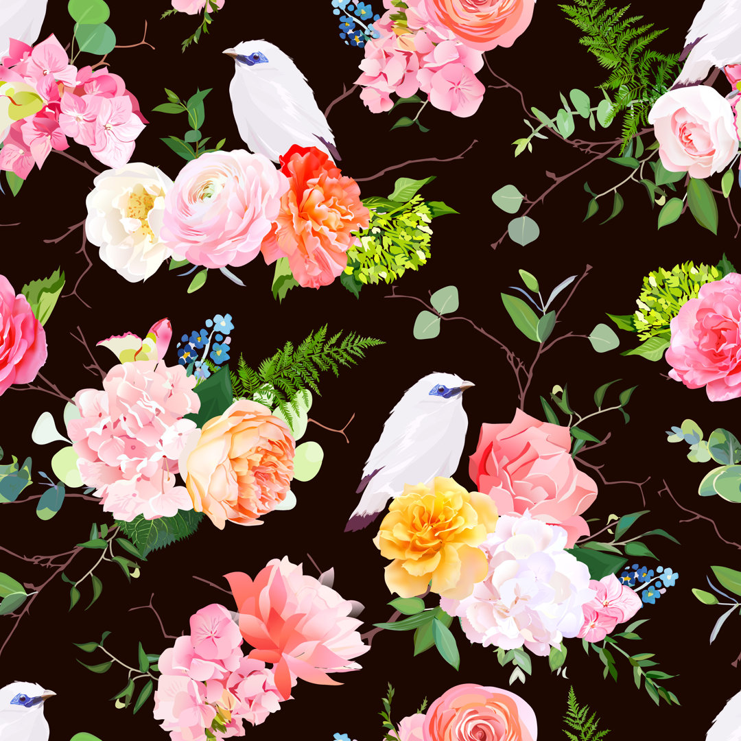 Potlatch Dark Vector Seamless Watercolor Pattern With White Bali Starling Bird And Bouquets by Lavendertime - Wrapped Ca...