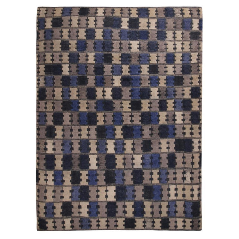 Rug & Kilim’S Scandinavian Geometric Gray And Blue Wool Pile Rug, Rectangle 10' x 14'