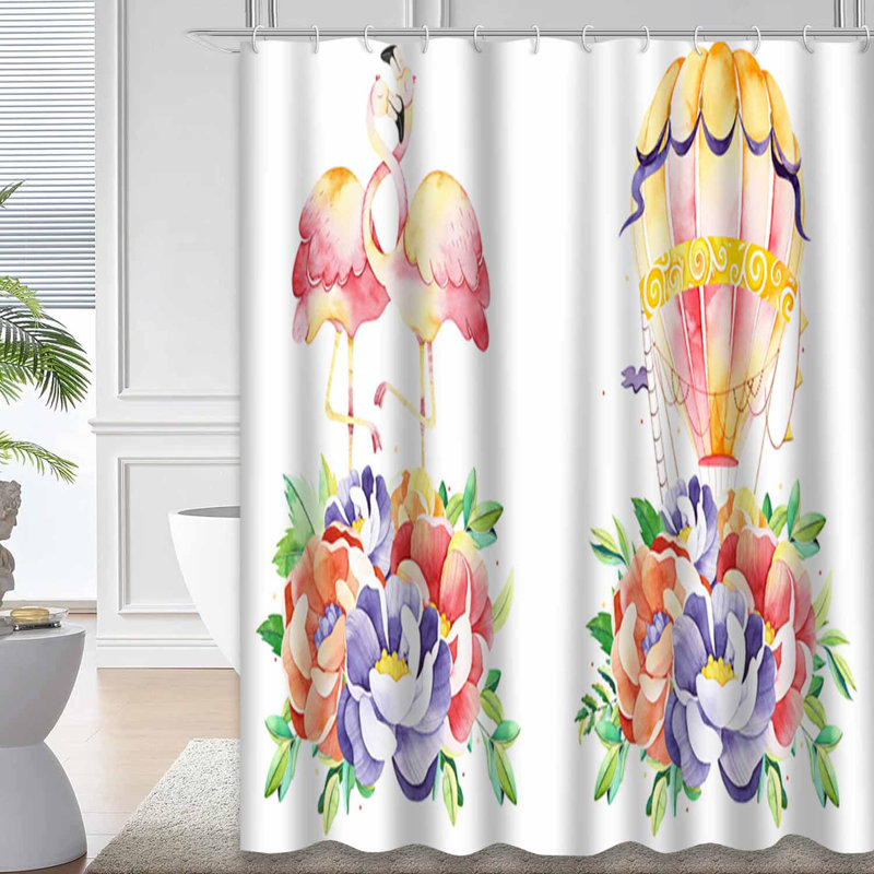 Aquarelle, fleurs, branches, feuilles, flamant rose, montgolfière avec 12 crochets, L 72 po x l 72 po