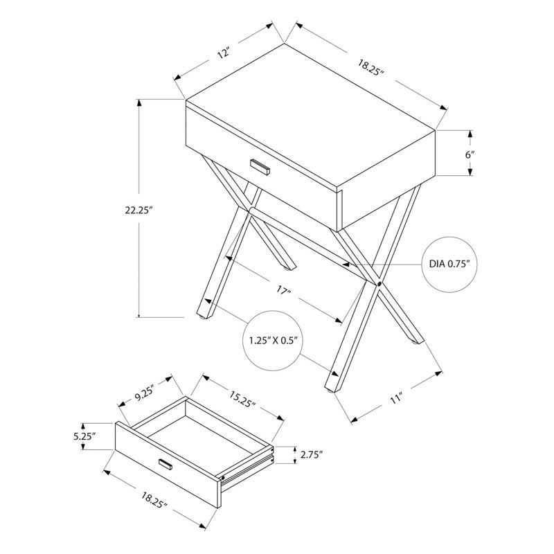 Side Table with Metal X Base Frame, Dark Taupe, Chrome