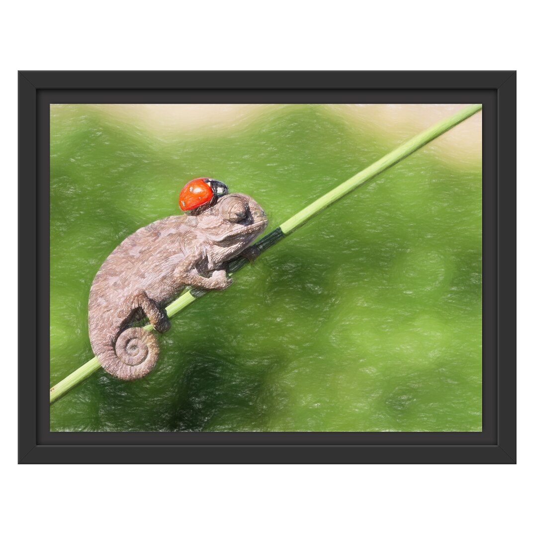 Gerahmtes Wandbild Süßer Gecko mit einem Marienkäfer