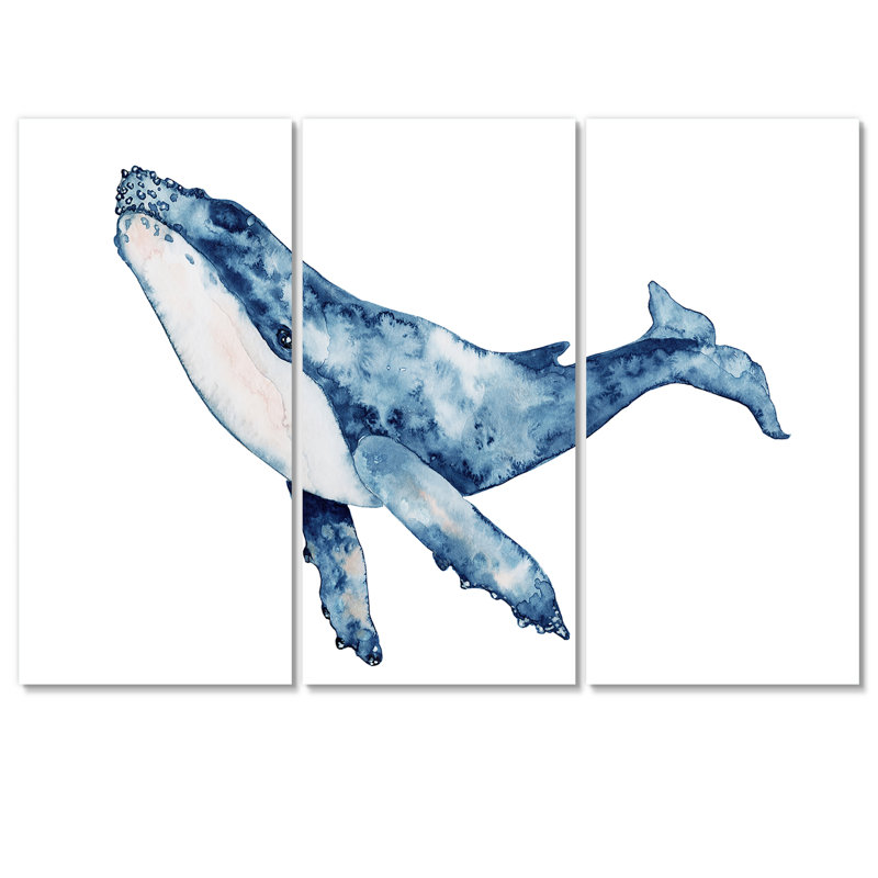 Baleine bleue sur fond blanc II - reproduction d'art sur toile nautique et côtière, H 32 po x l 48 po x P 1 po