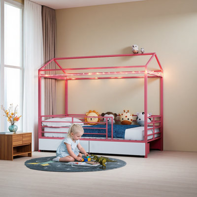 Lit de maison pour enfants, lit de plancher pour garçons, cadre de lit avec toit, aucun sommier nécessaire