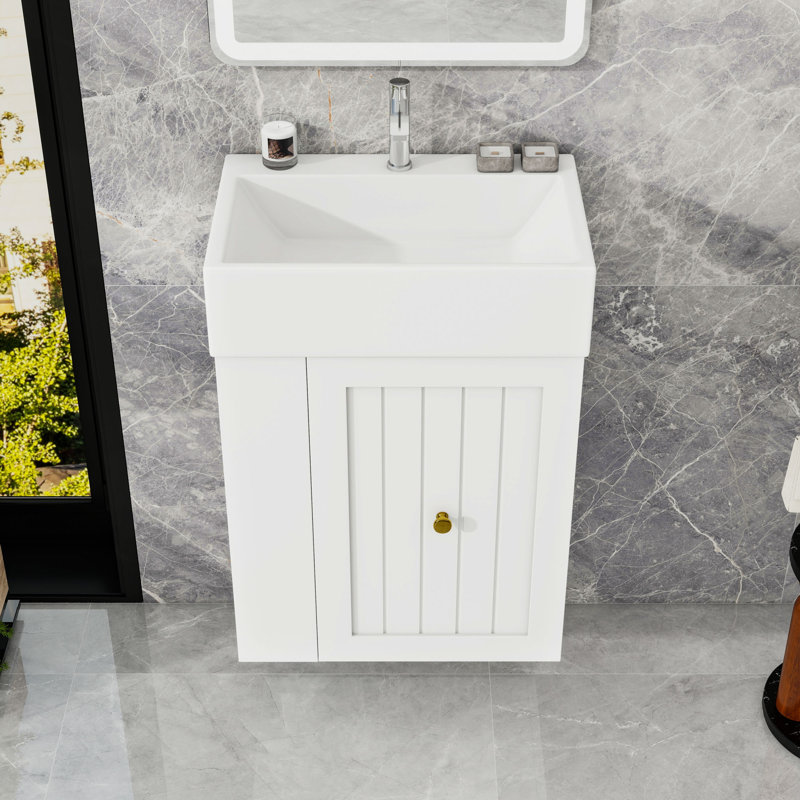 Meuble-lavabo mural moderne avec lavabo en céramique, grand tiroir et rangement latéral pour les petits espaces, Blanc