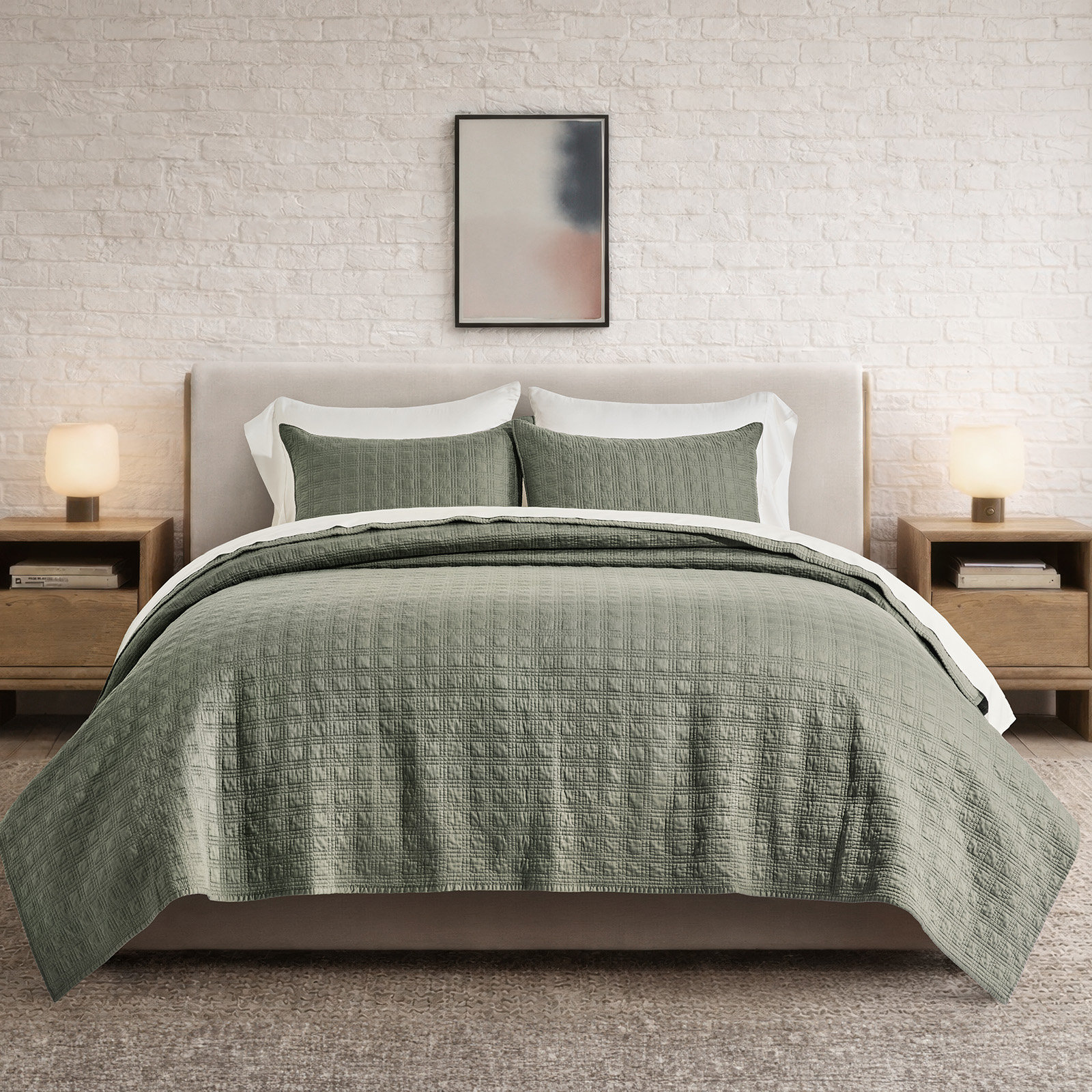 Cotton Sateen Quilt Set, Moss Green, Queen Quilt + 2 Queen Shams