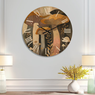Horloge murale en bois massif Orange Cottage, style folk art : Champignons et Prairie -