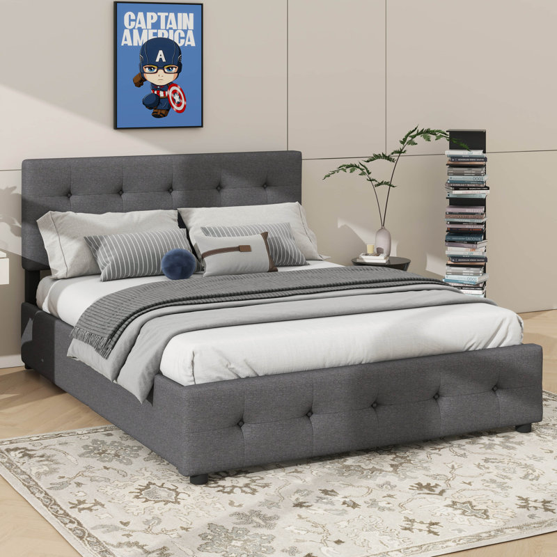 Grand lit plateforme tapissier avec 2 tiroirs et un lit gigogne supplémentaire, Gris foncé