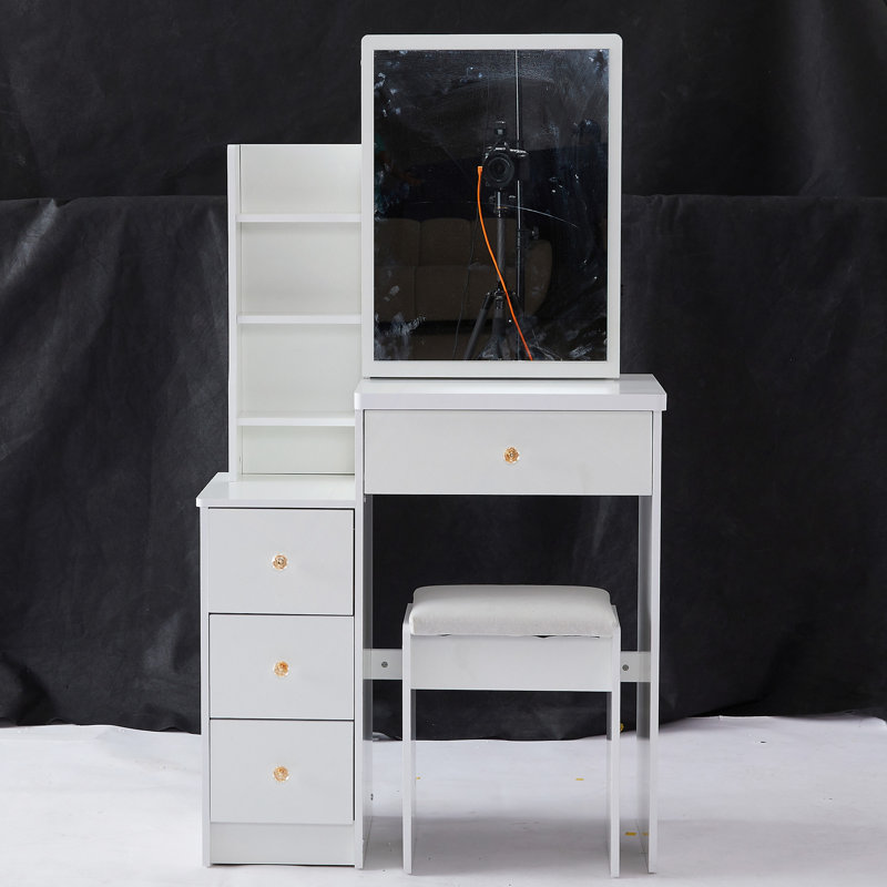 29.2" Left Bedside Cabinet Vanity Table With Cushioned Stool, Right Sliding Mirror, Multi Layer High Capacity Storage, Practical Fashionable Dresser, Suitable For Small Space