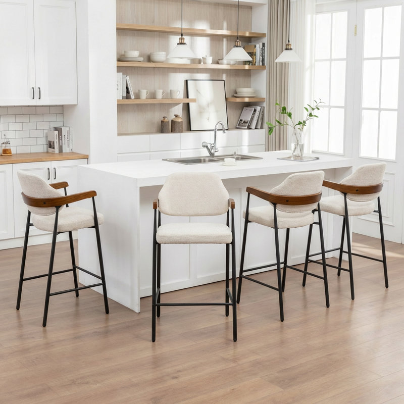 Tabouret de comptoir rembourré avec accoudoirs Devane, Beige