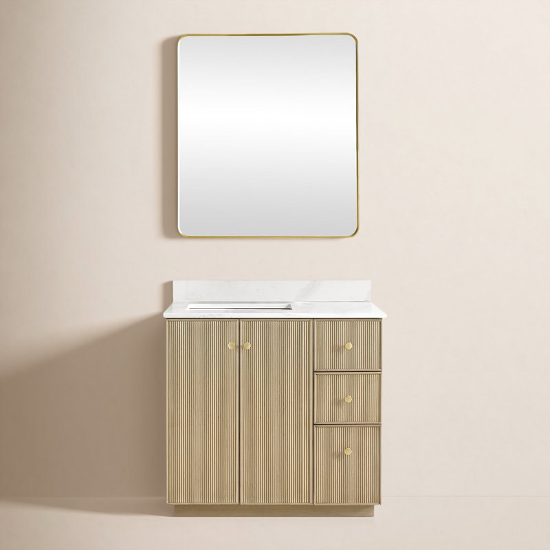 Amella 36'' Free Standing Single Bathroom Vanity with Quartz Top, Natural Oak