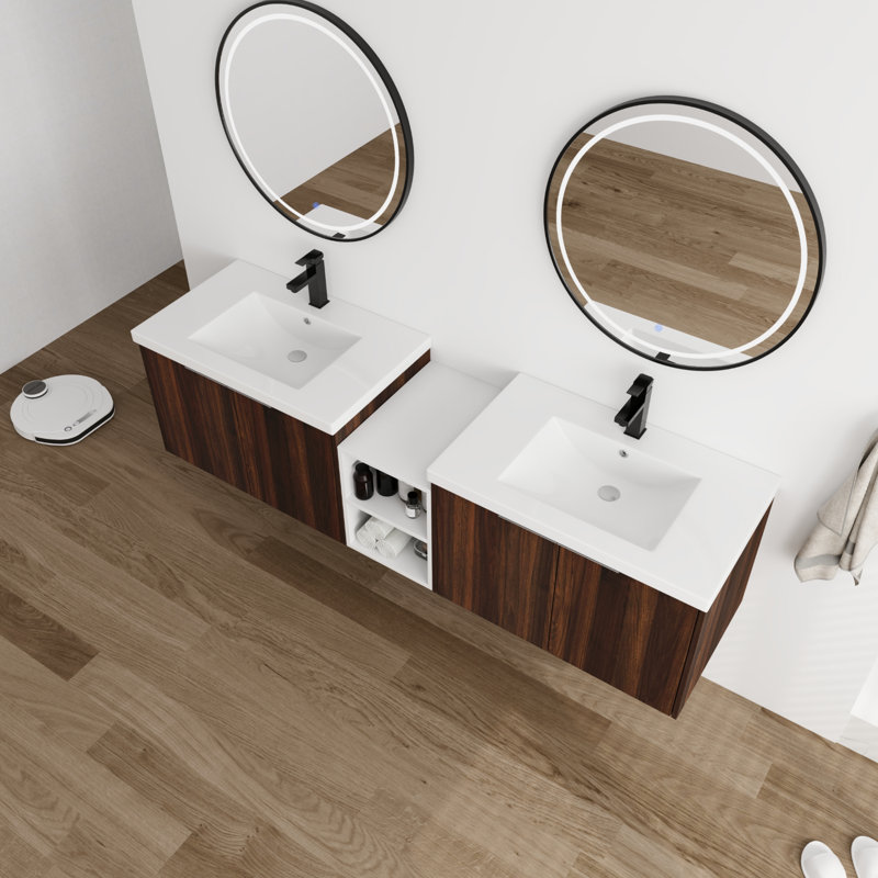 Meuble-lavabo double avec comptoir en résine, Brun, 72"