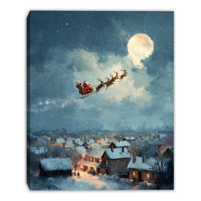 «Santa Flying Over Snowy Village», art mural sur toile