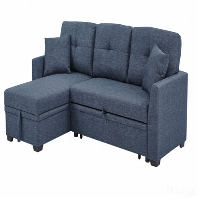 76.5" Linen Blend Upholstered Sectional With Pull-Out Bed And Chaise Storage