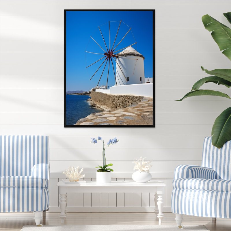 Grèce, moulin à vent Santorini, photo 2 - Grèce, art mural, Cadre flottant noir, 44" H x 34" W