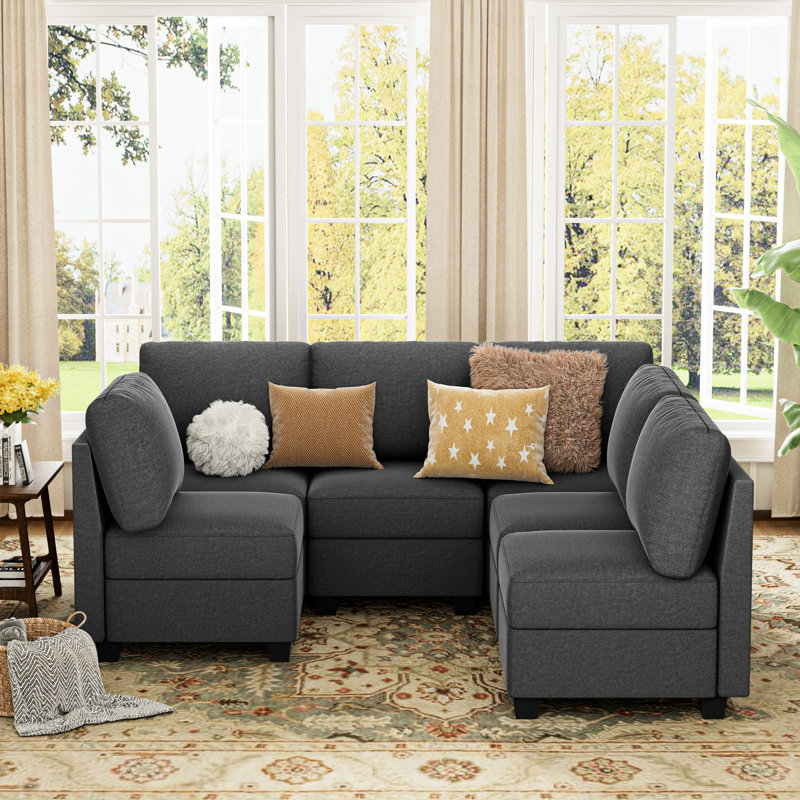 Canapé modulaire convertible à 6 places avec rangement, mousse à mémoire de forme, lin gris pour siège décontracté, coussin de mousse, salon