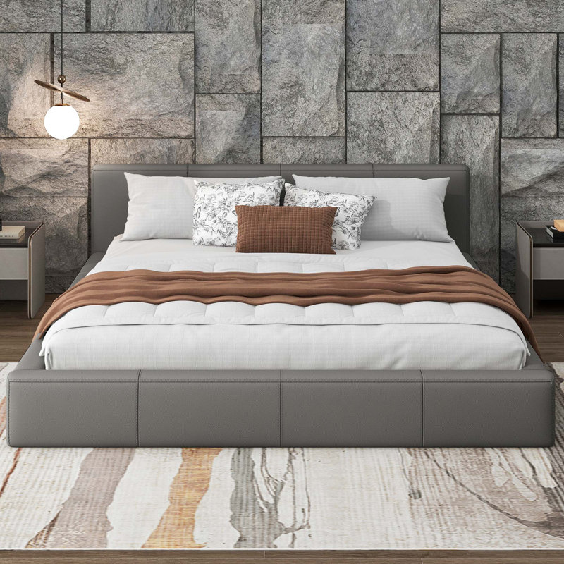 Vicente Faux Leather Upholstered Bed, Queen, Gray