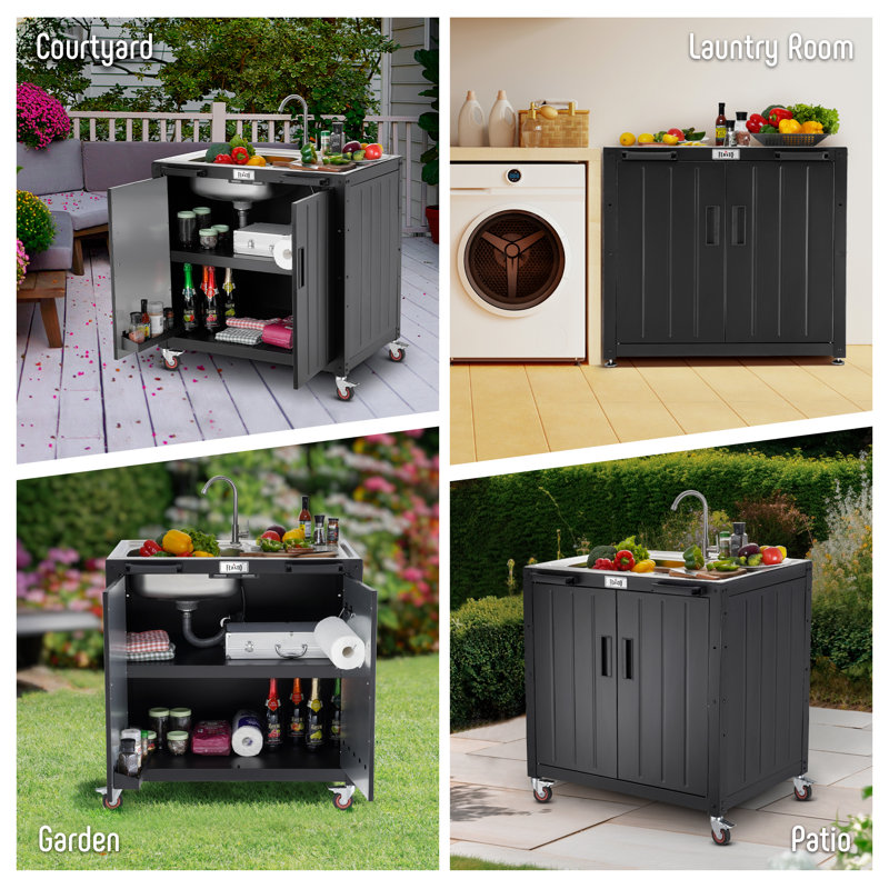 Freestanding Black and Stainless Steel Outdoor Sink Station with Cabinet