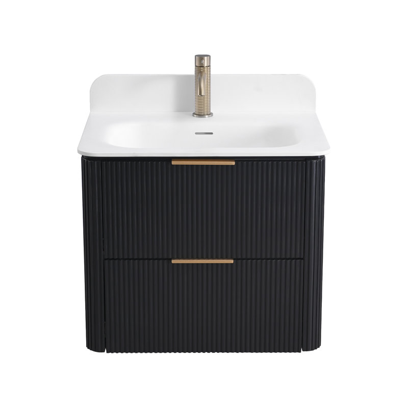 Meuble-lavabo 24 po en chêne noir avec motif cannelé et quincaillerie dorée