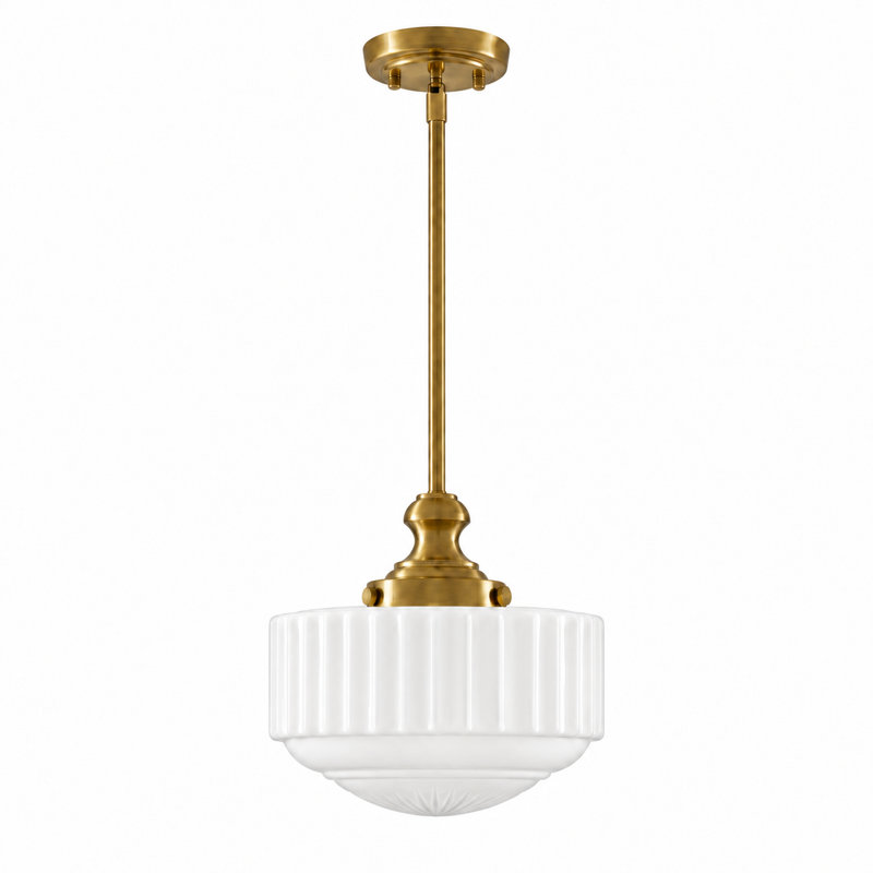 Suspension à une lumière de 27 cm de large avec verre opalin plissé blanc., Laiton