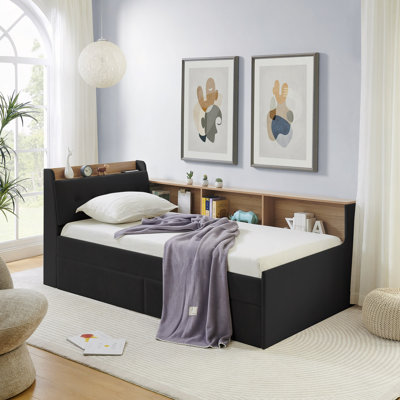 Upholstery Velvet Day Bed With Storage Headboard And Wireless Charging, Multi-Functional Daybed With Two Storage Drawers & LED Lights